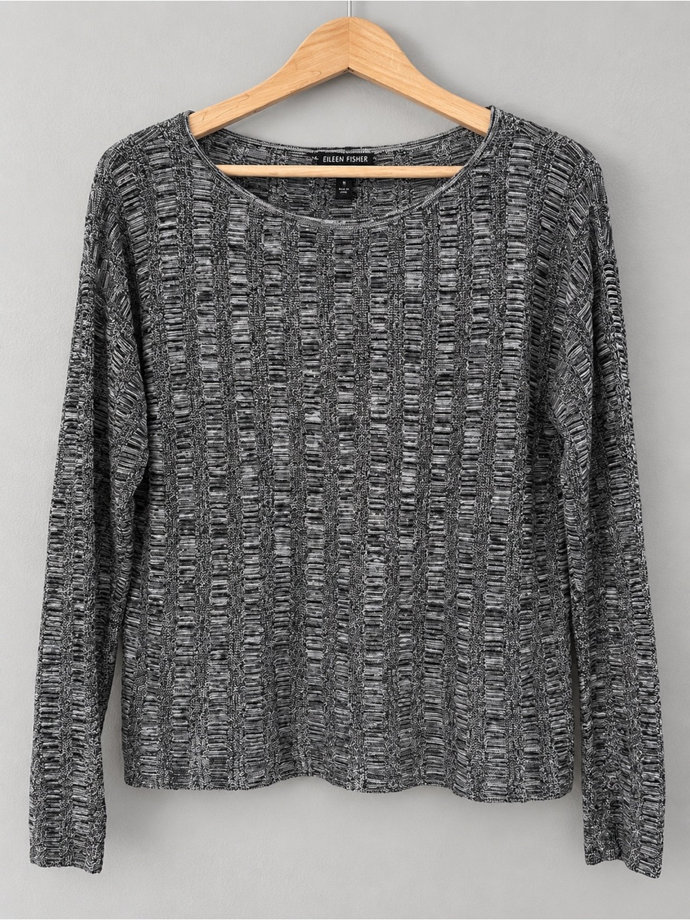 Eileen Fisher Petite M Black White Silk Linen Open Knit Pullover Sweater